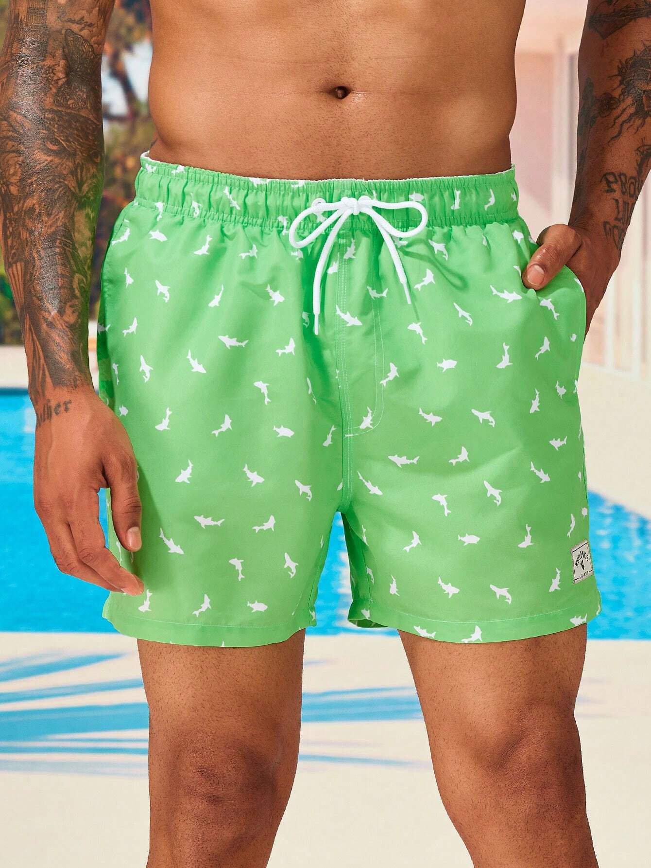 Non Stretch Allover Print Drawstring Waist Swim Trunks-Waves And Trunks