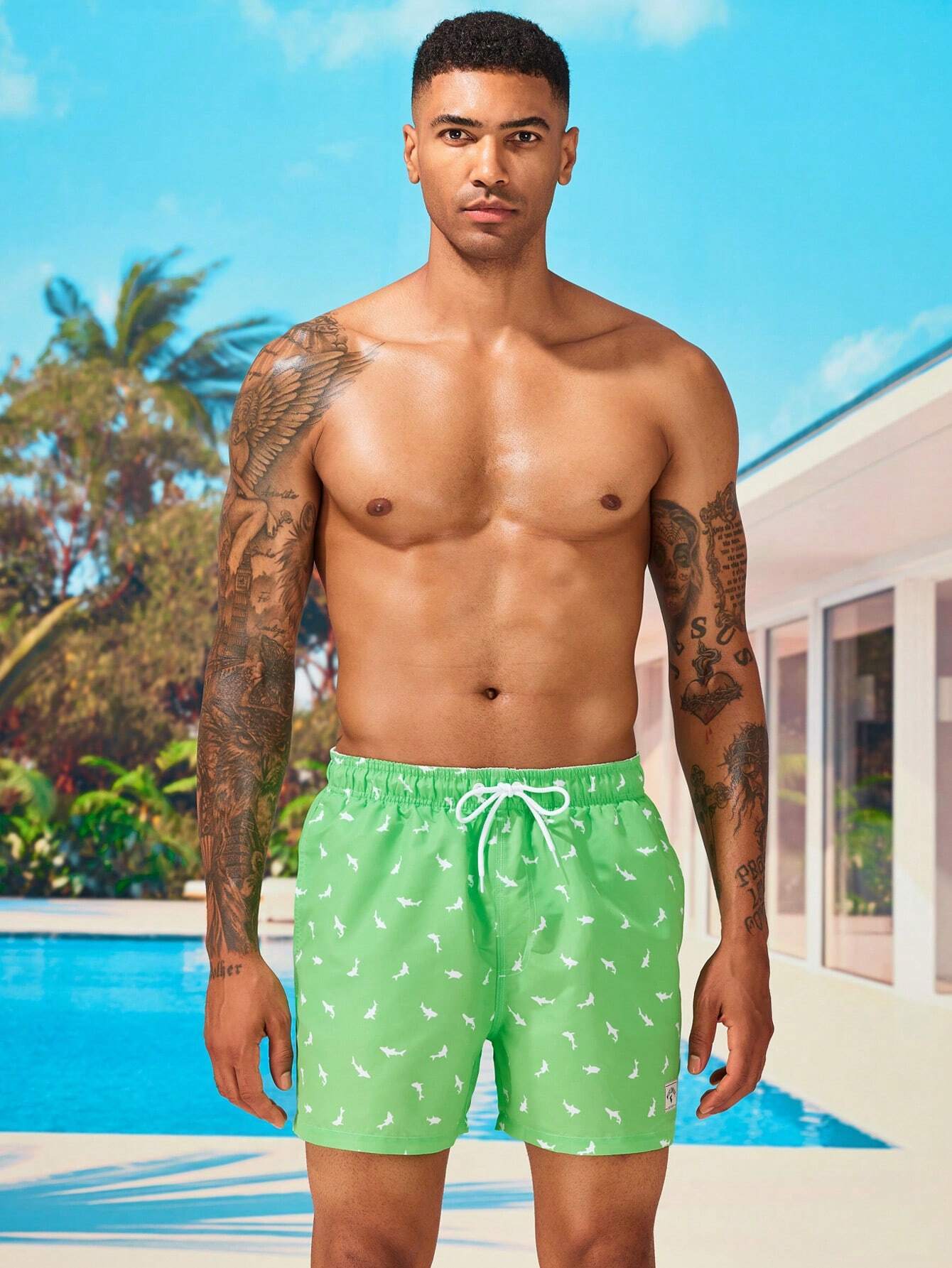 Non Stretch Allover Print Drawstring Waist Swim Trunks-Waves And Trunks