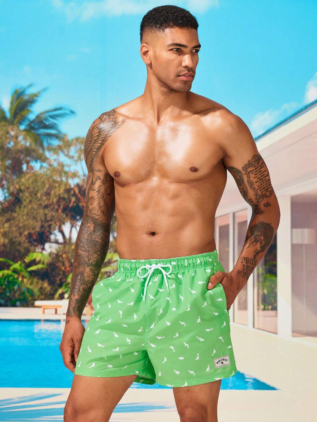 Non Stretch Allover Print Drawstring Waist Swim Trunks-Waves And Trunks