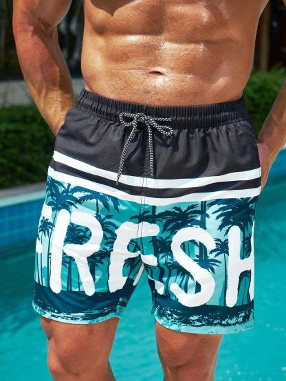 Tropical Print Drawstring Waist Beach Shorts-Waves And Trunks