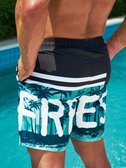 Tropical Print Drawstring Waist Beach Shorts-Waves And Trunks