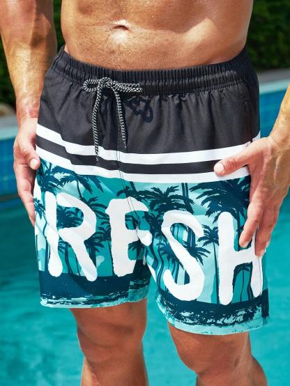 Tropical Print Drawstring Waist Beach Shorts-Waves And Trunks