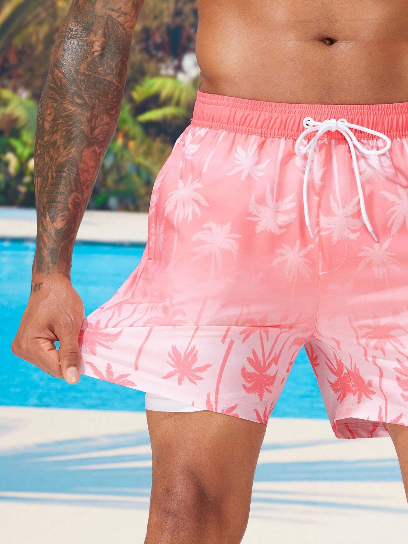 Tropical Print 2 In 1 Drawstring Waist Pocket Swim Trunks-Waves And Trunks