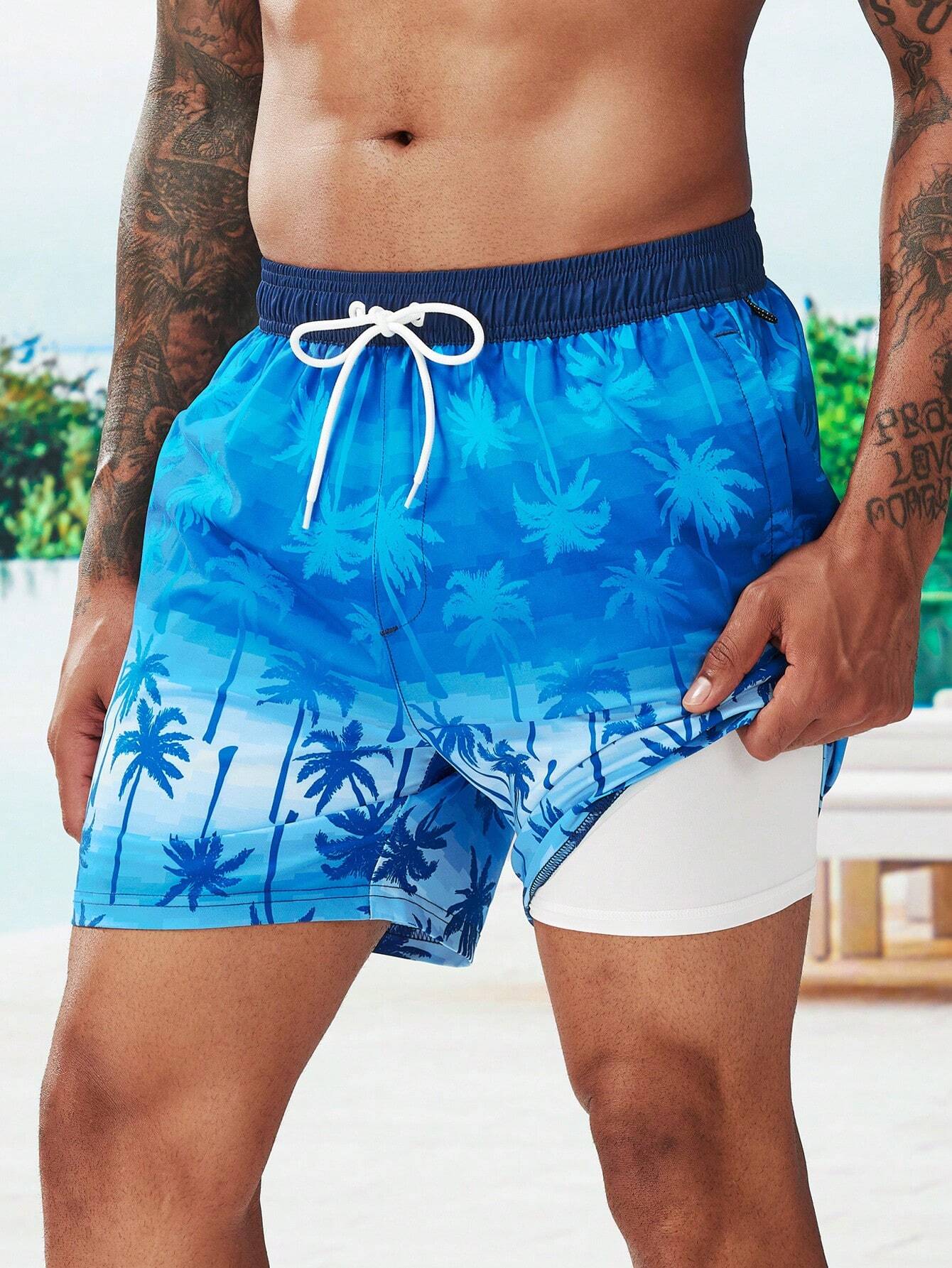 Tropical Print 2 In 1 Drawstring Waist Pocket Swim Trunks-Waves And Trunks