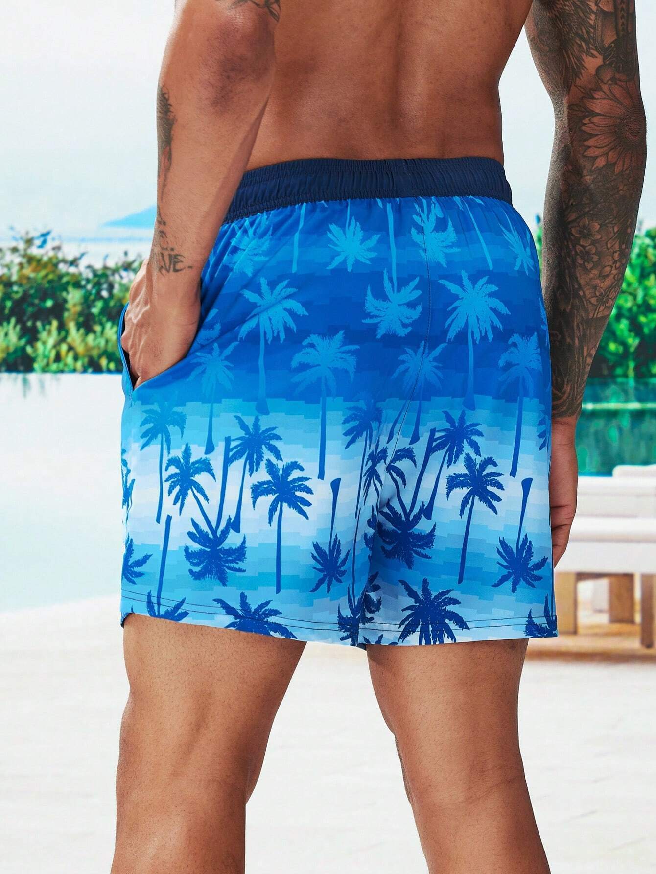 Tropical Print 2 In 1 Drawstring Waist Pocket Swim Trunks-Waves And Trunks