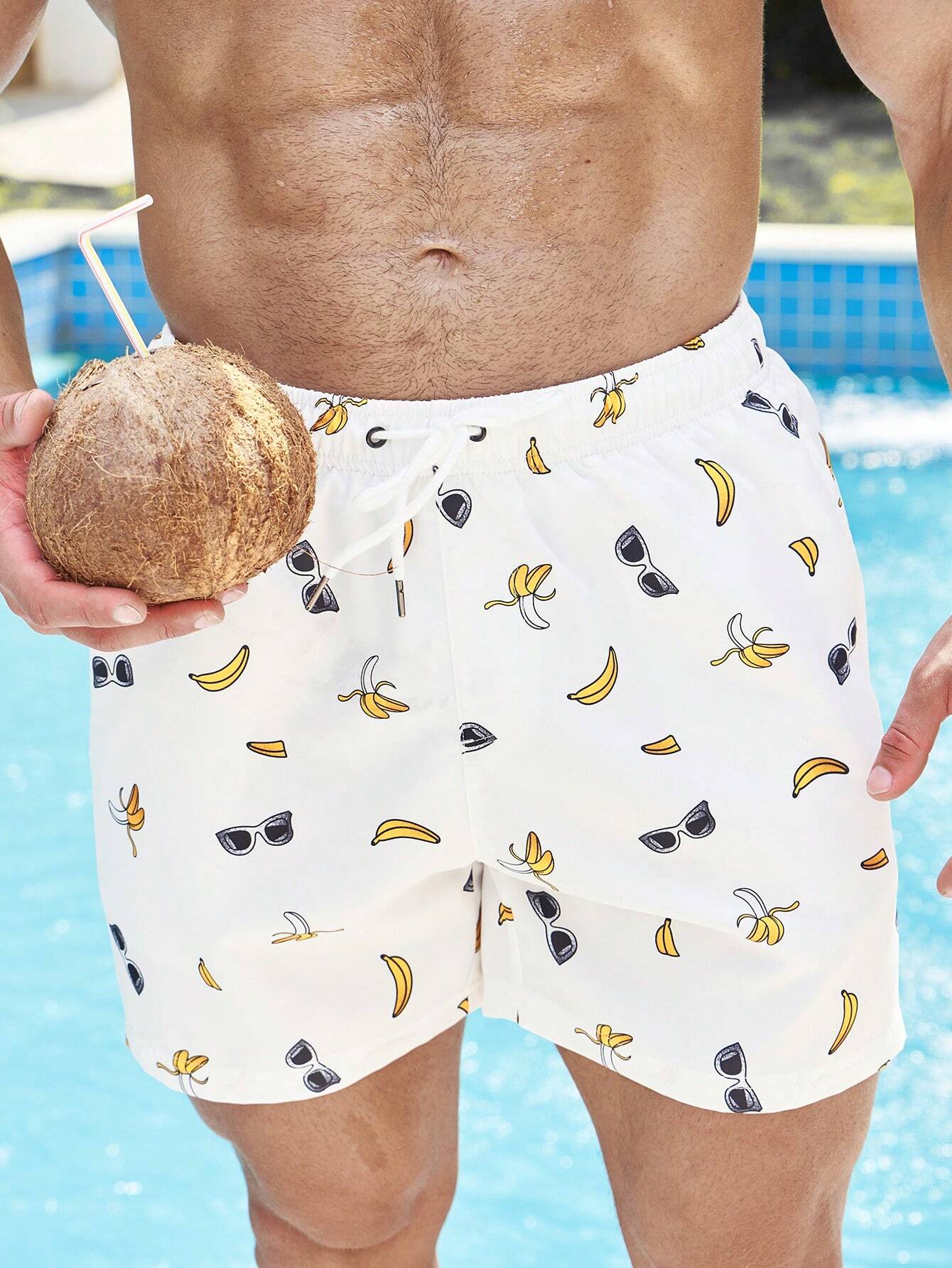 Banana Print Drawstring Waist Swim Trunks-Waves And Trunks