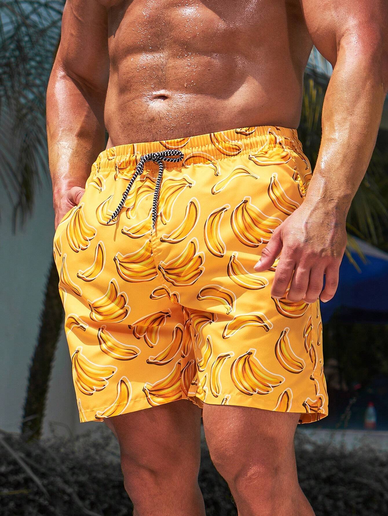 Banana Print Waist Swim Trunks-Waves And Trunks