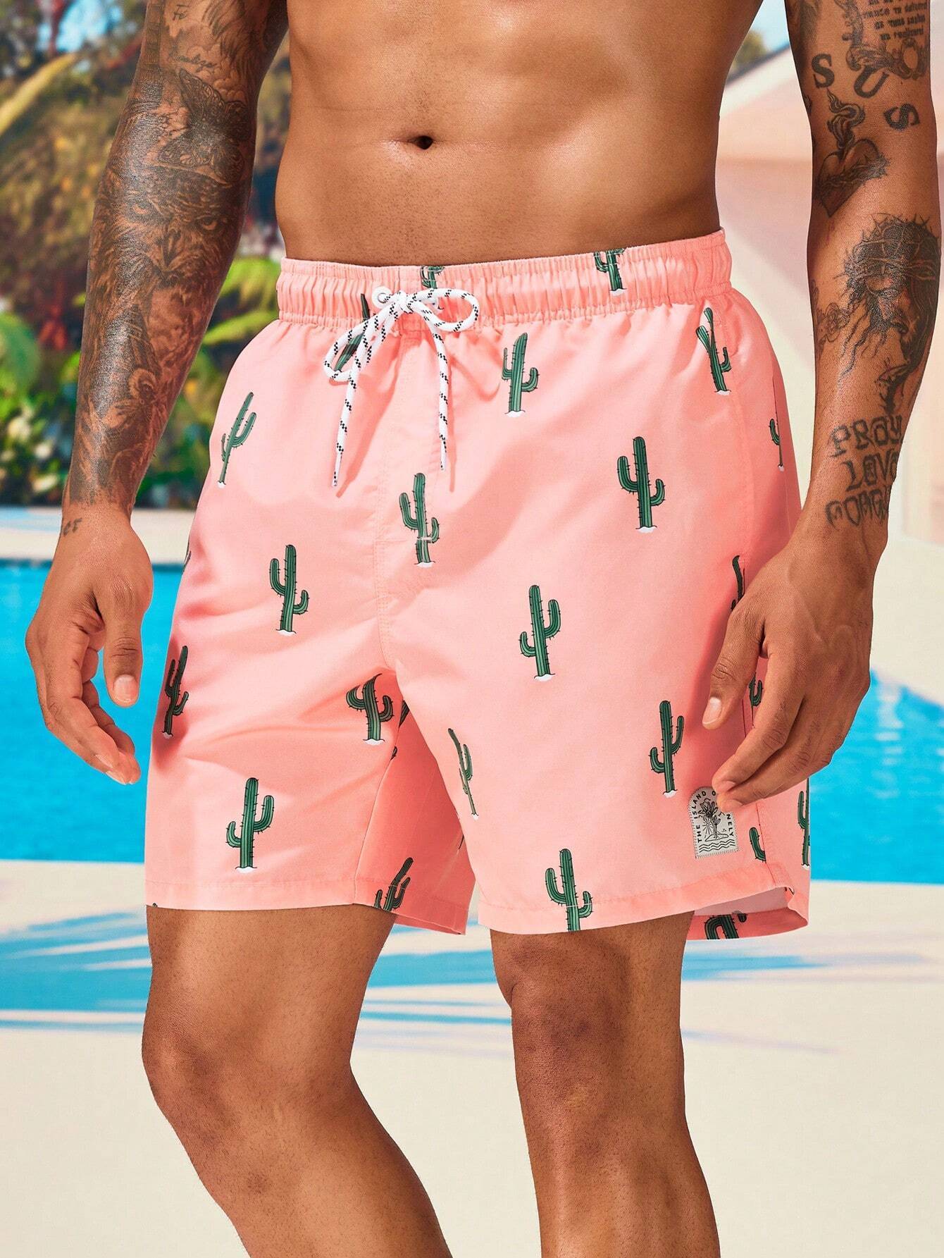 Cactus Printed Drawstring Waist Swim Trunks-Waves And Trunks