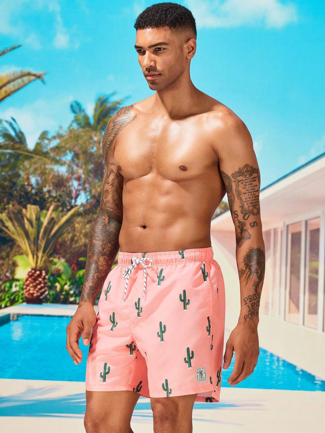 Cactus Printed Drawstring Waist Swim Trunks-Waves And Trunks