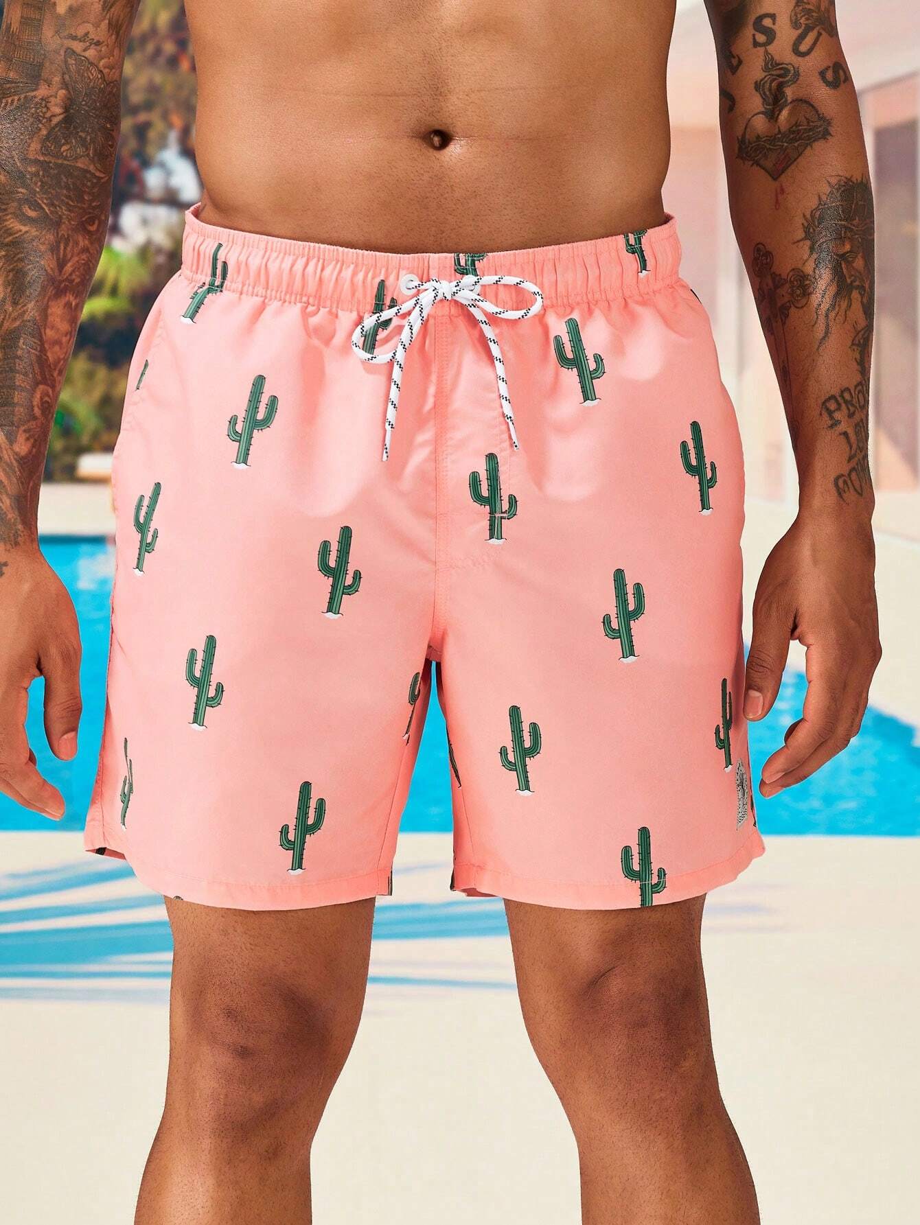 Cactus Print Letter Patch Swim Trunks-Waves And Trunks
