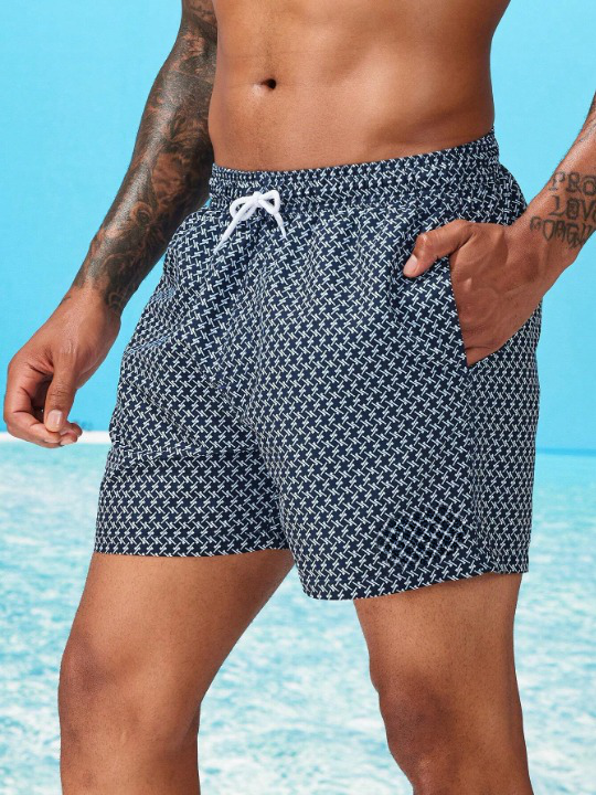 Allover Print Patched Drawstring Waist Swim Trunks-Waves And Trunks