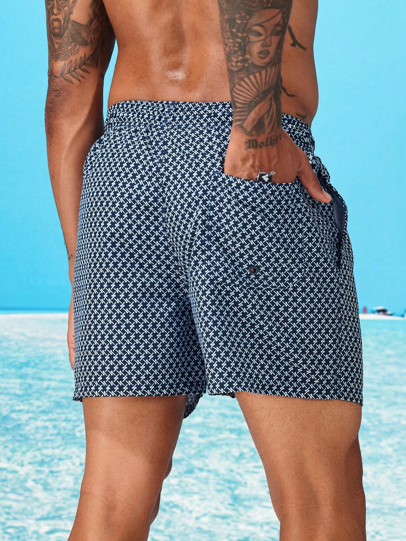 Allover Print Patched Drawstring Waist Swim Trunks-Waves And Trunks
