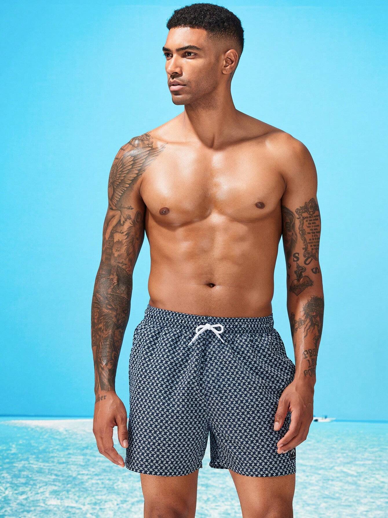 Allover Print Patched Drawstring Waist Swim Trunks-Waves And Trunks