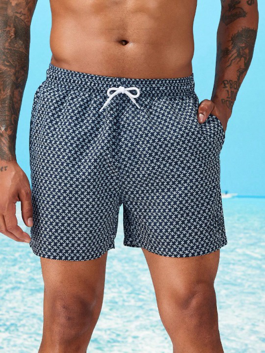 Allover Print Patched Drawstring Waist Swim Trunks-Waves And Trunks
