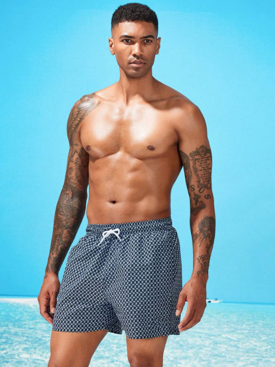 Allover Print Patched Drawstring Waist Swim Trunks-Waves And Trunks