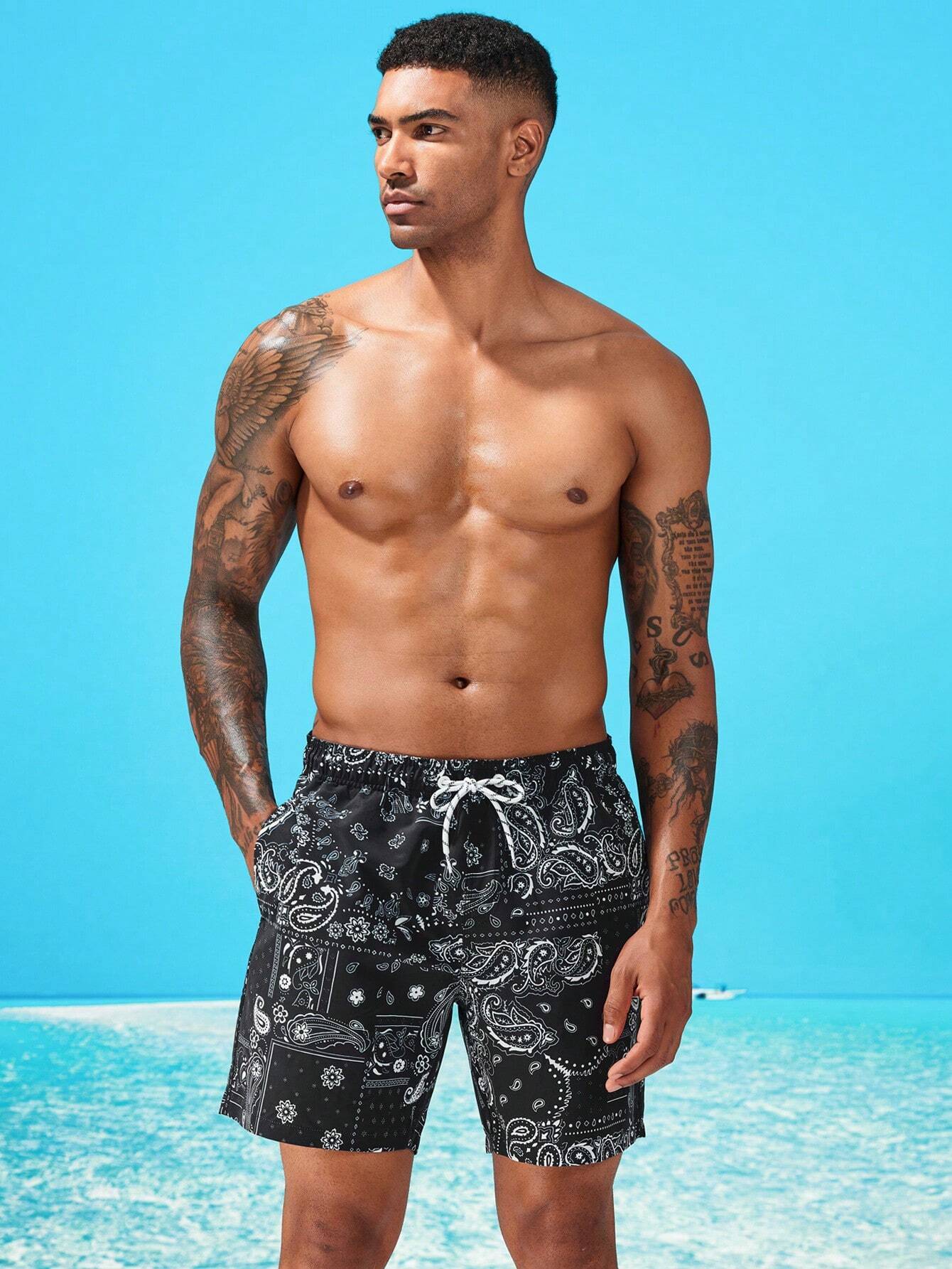 Non Stretch Paisley Print Swim Trunks-Waves And Trunks