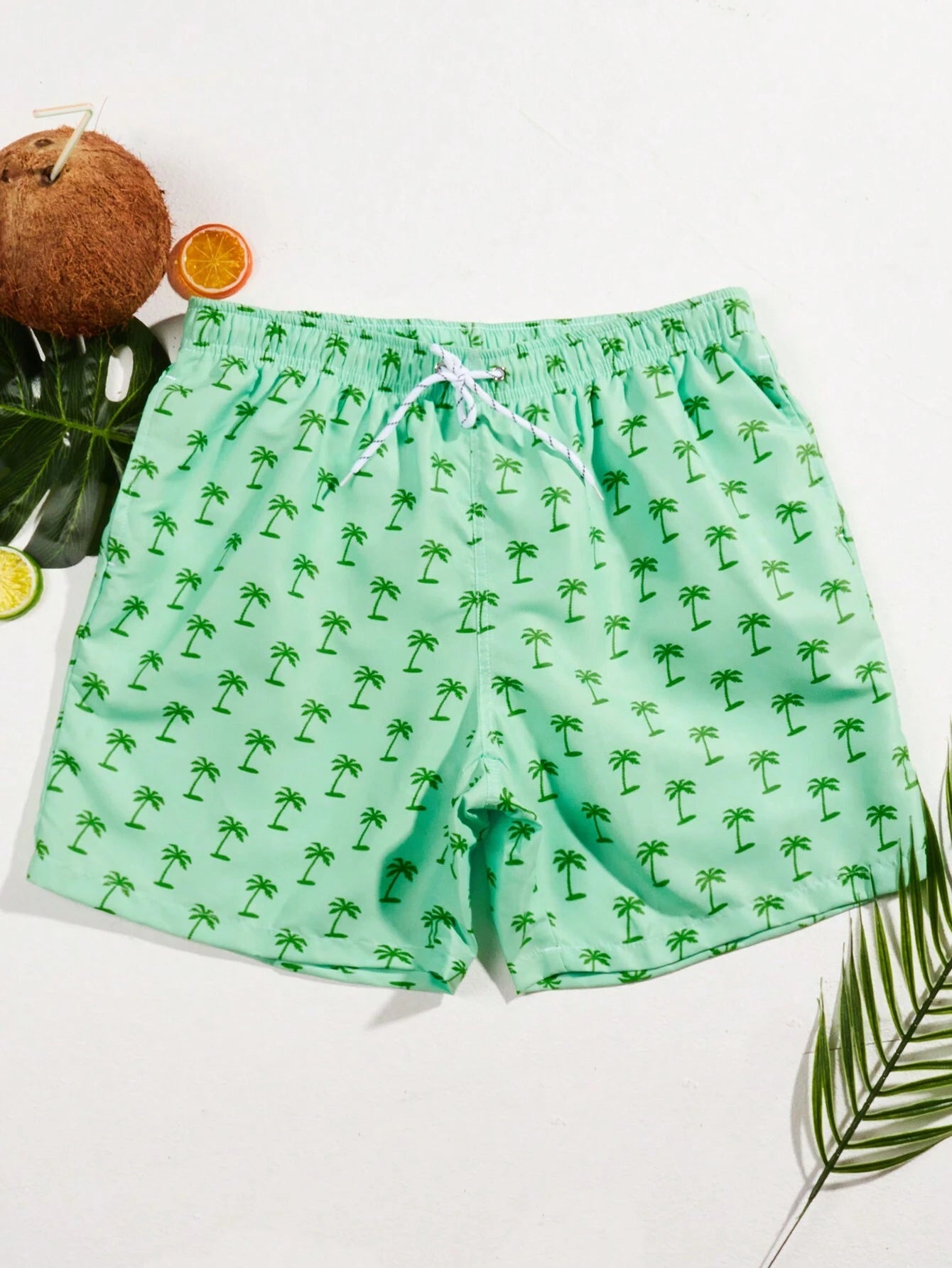 Coconut Tree Print Drawstring Beach Shorts-Waves And Trunks