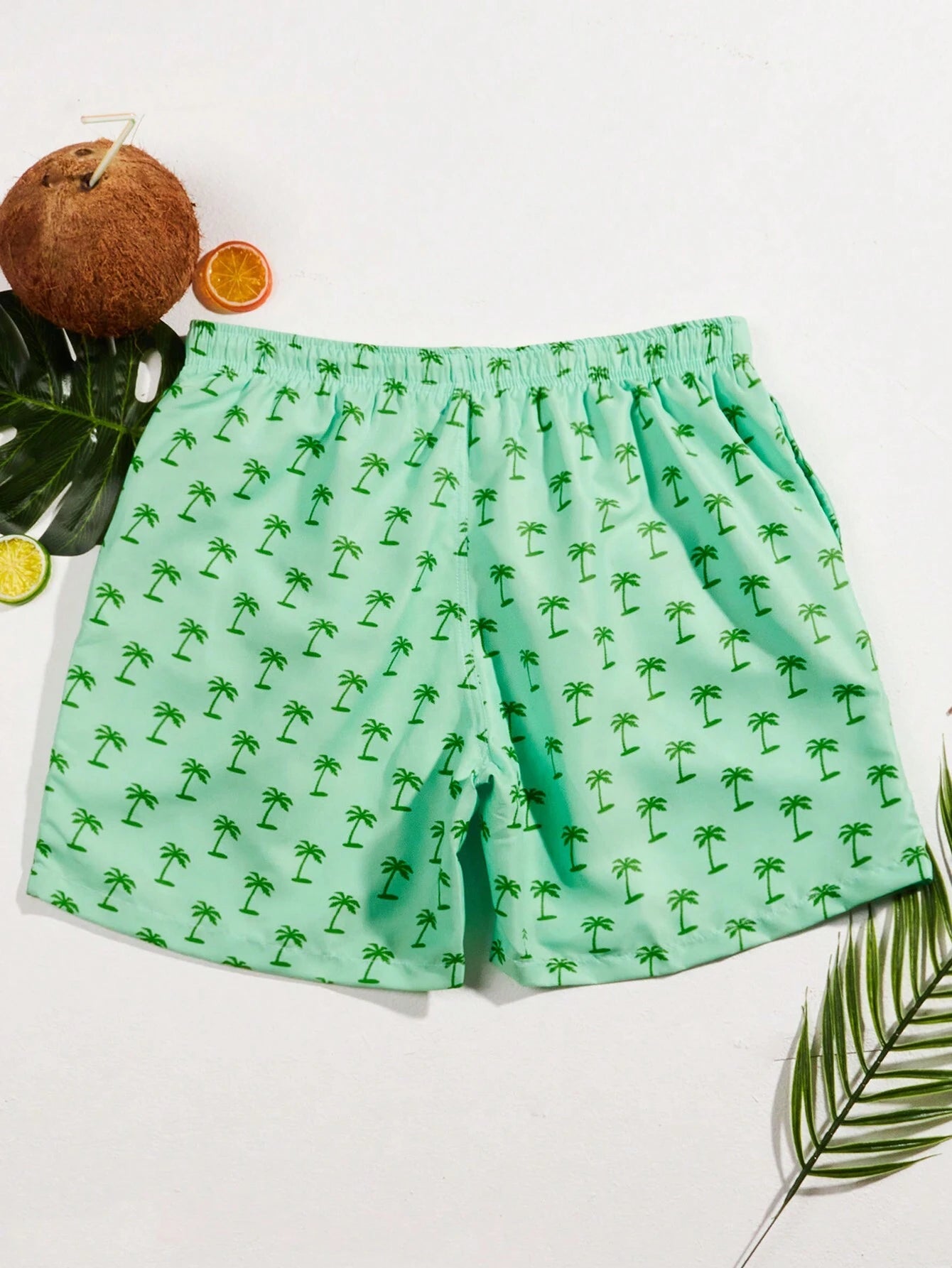 Coconut Tree Print Drawstring Beach Shorts-Waves And Trunks