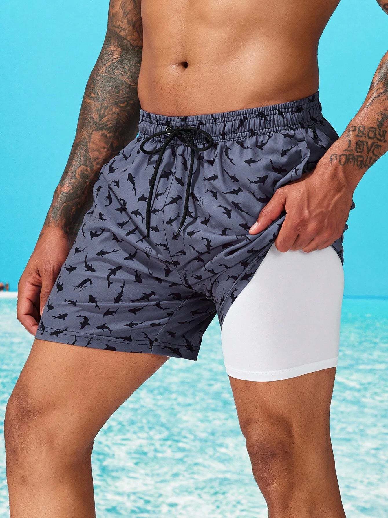 Allover Print Swim Trunks And Compression Liner-Waves And Trunks