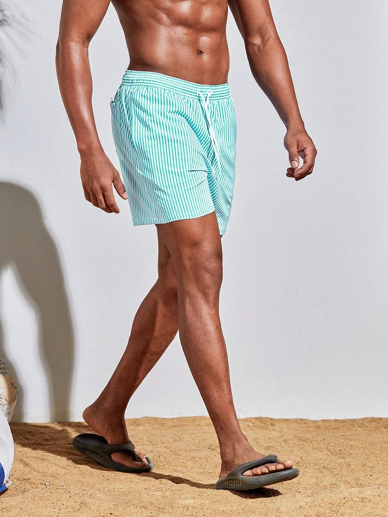 Vertical Striped Drawstring Swim Shorts-Waves And Trunks
