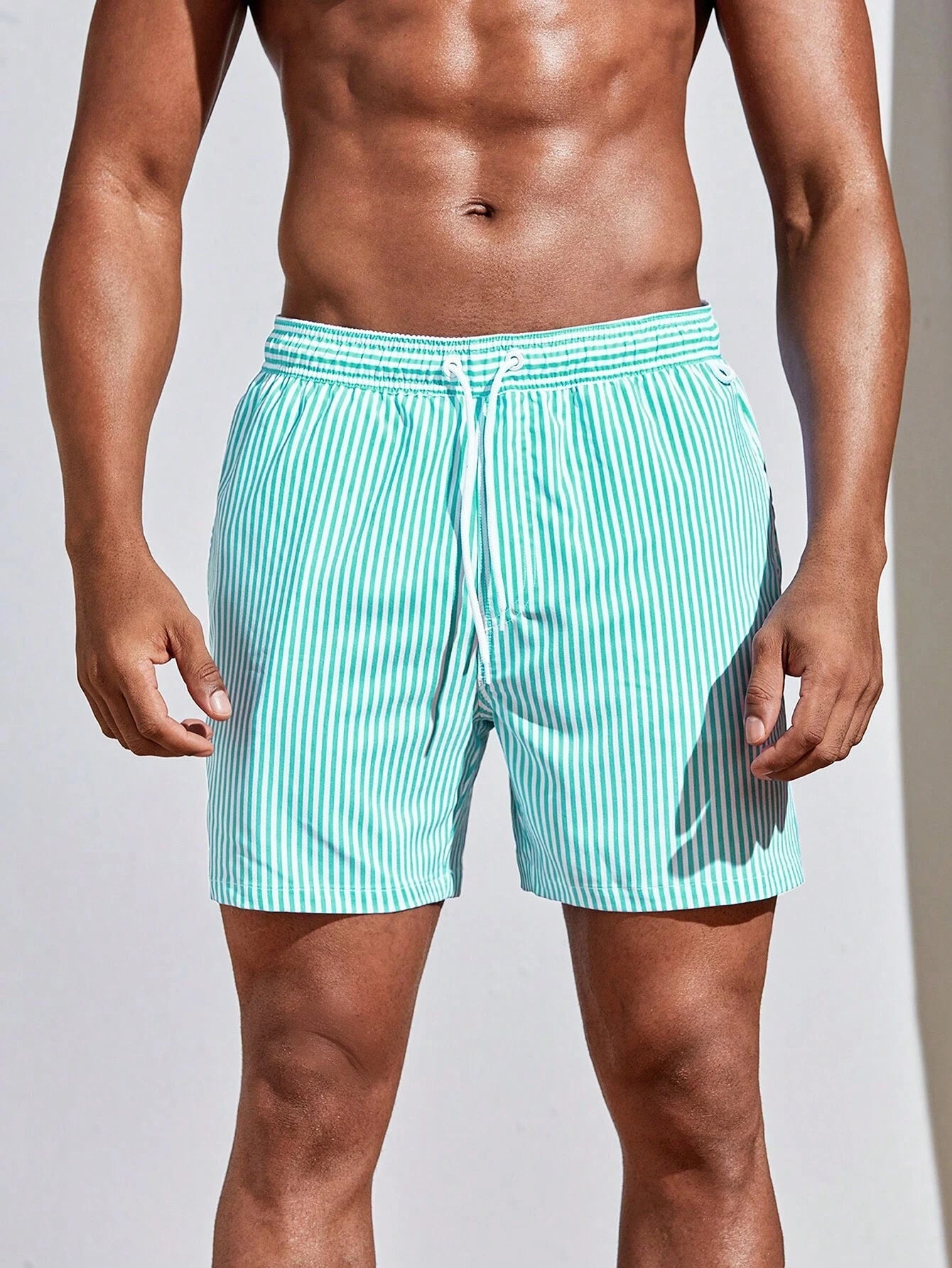 Vertical Striped Drawstring Swim Shorts-Waves And Trunks