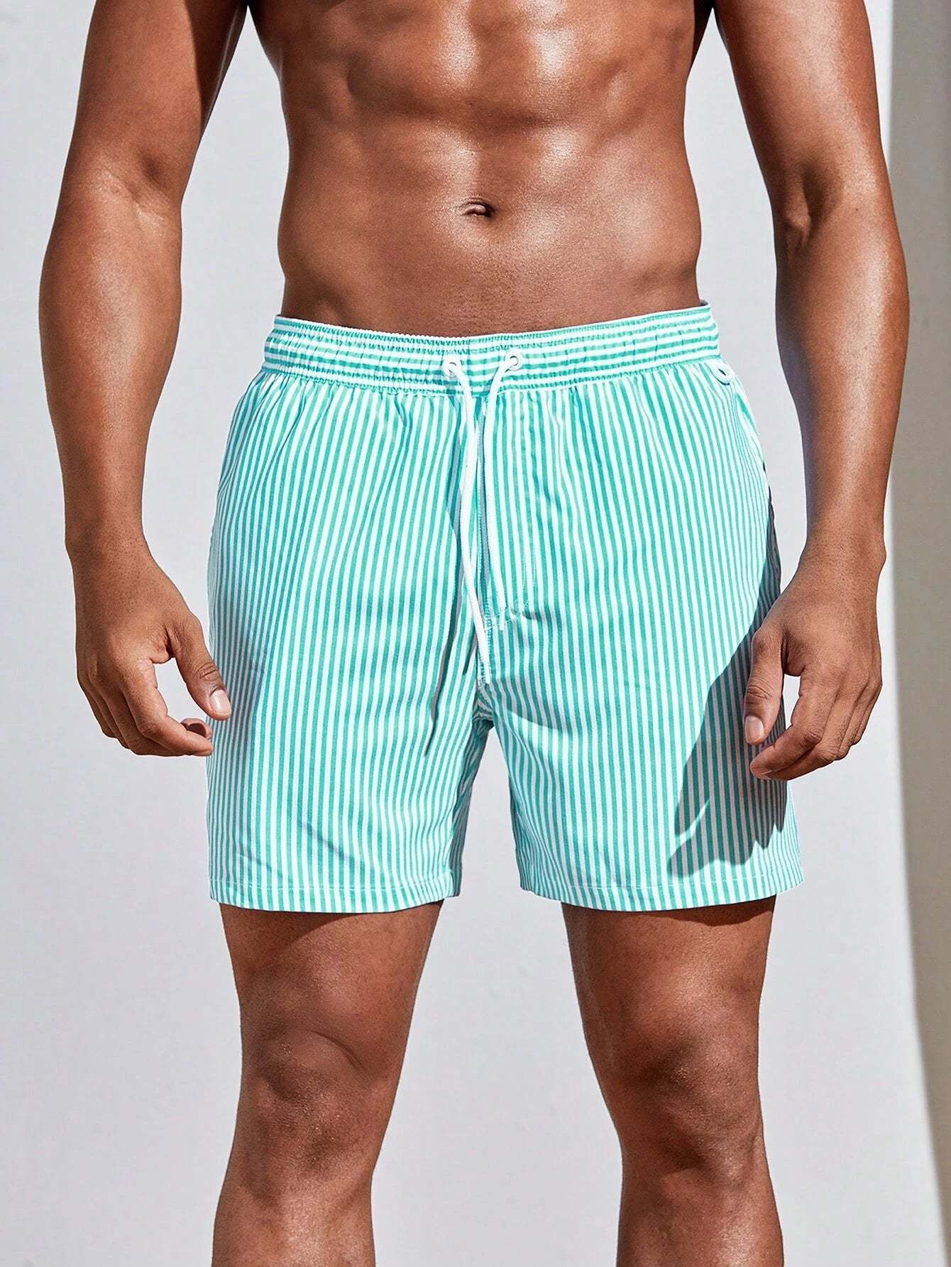 Vertical Striped Drawstring Swim Shorts-Waves And Trunks