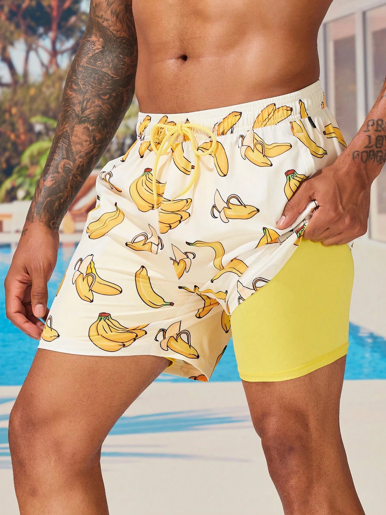 Banana Print Drawstring Waist Swim Trunk-Waves And Trunks
