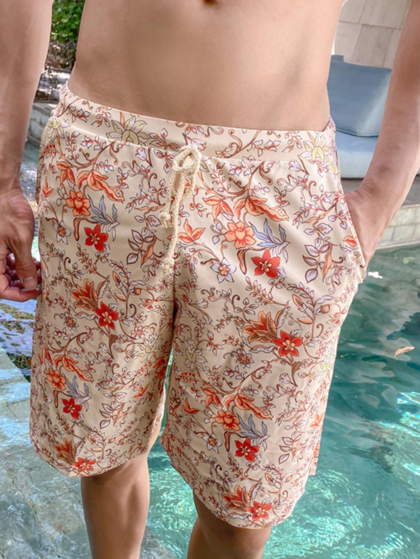Floral Drawstring Waist Swim Trunks-Waves And Trunks