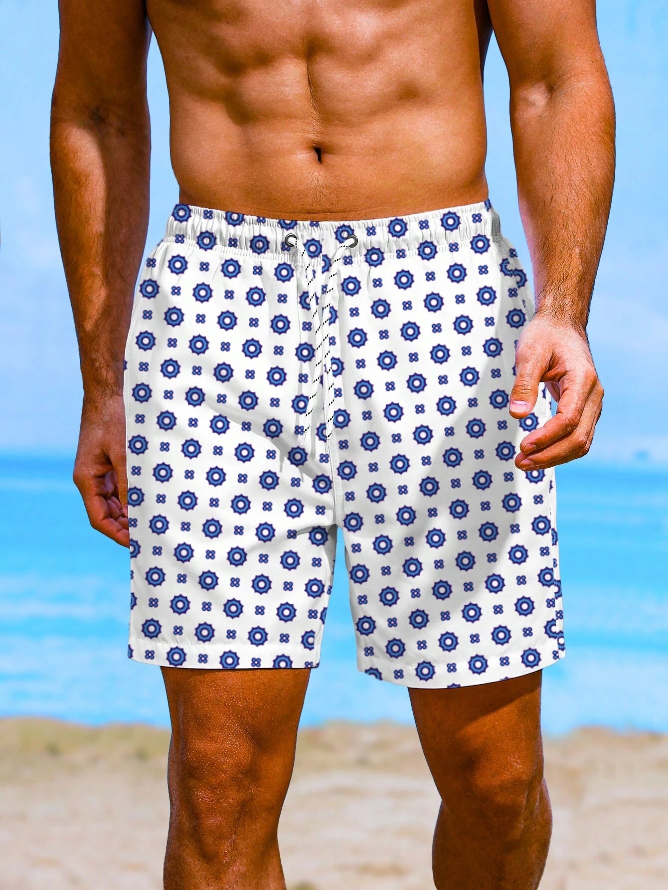 Allover Print Drawstring Waist Swim Trunks-Waves And Trunks