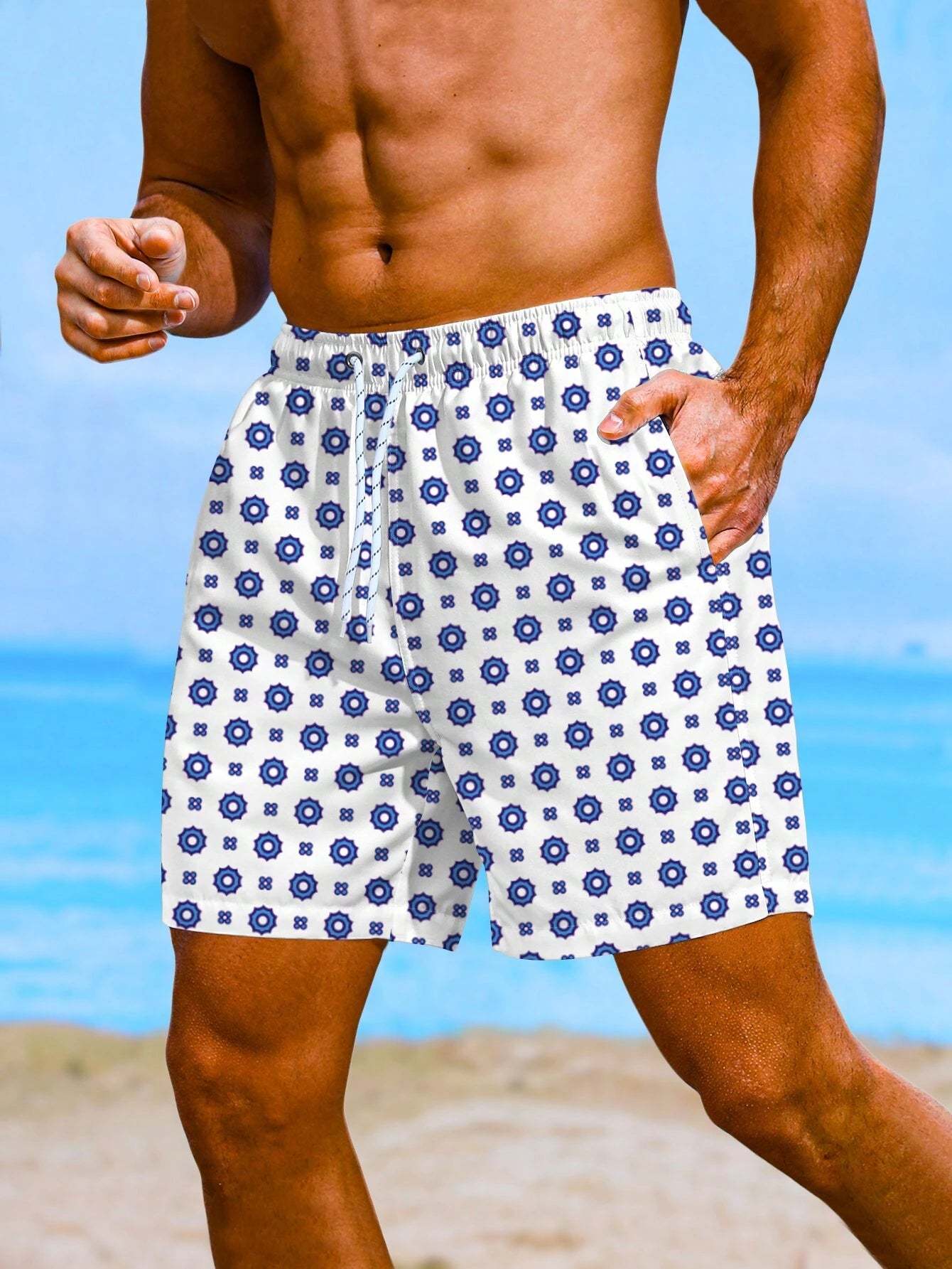 Allover Print Drawstring Waist Swim Trunks-Waves And Trunks