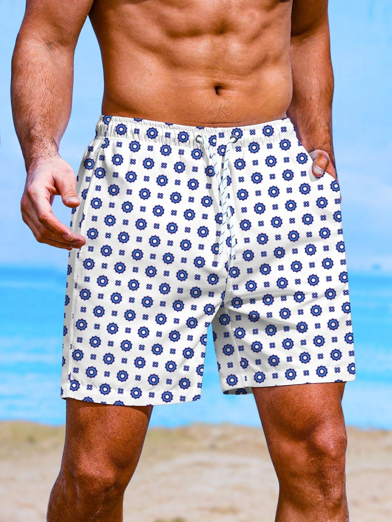 Allover Print Drawstring Waist Swim Trunks-Waves And Trunks