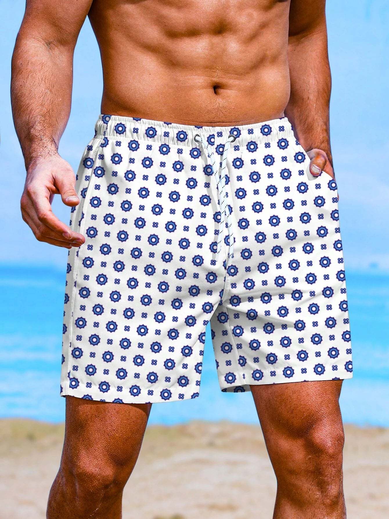 Allover Print Drawstring Waist Swim Trunks-Waves And Trunks