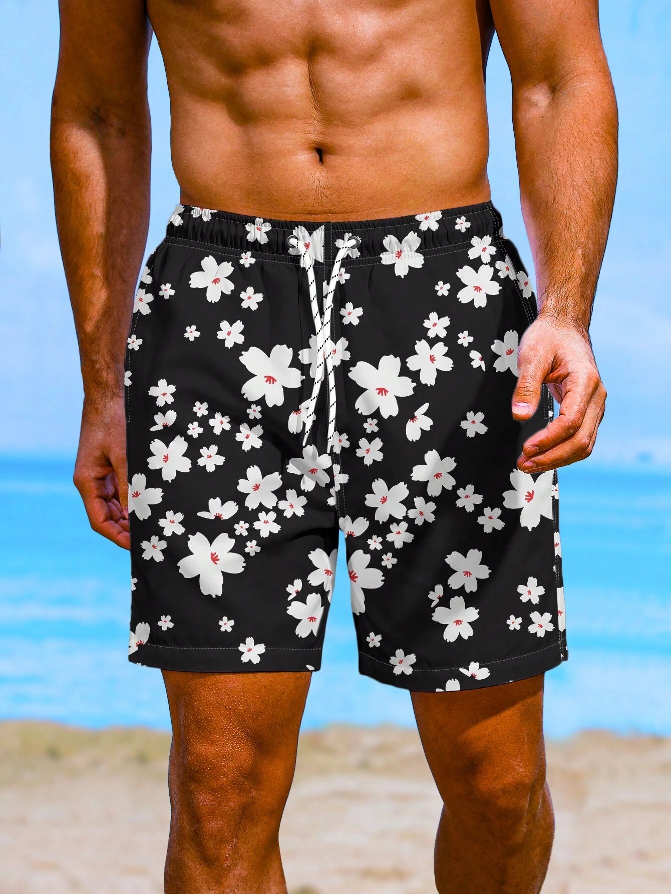 Floral Print Non Stretch Swim Trunks With Pocket-Waves And Trunks