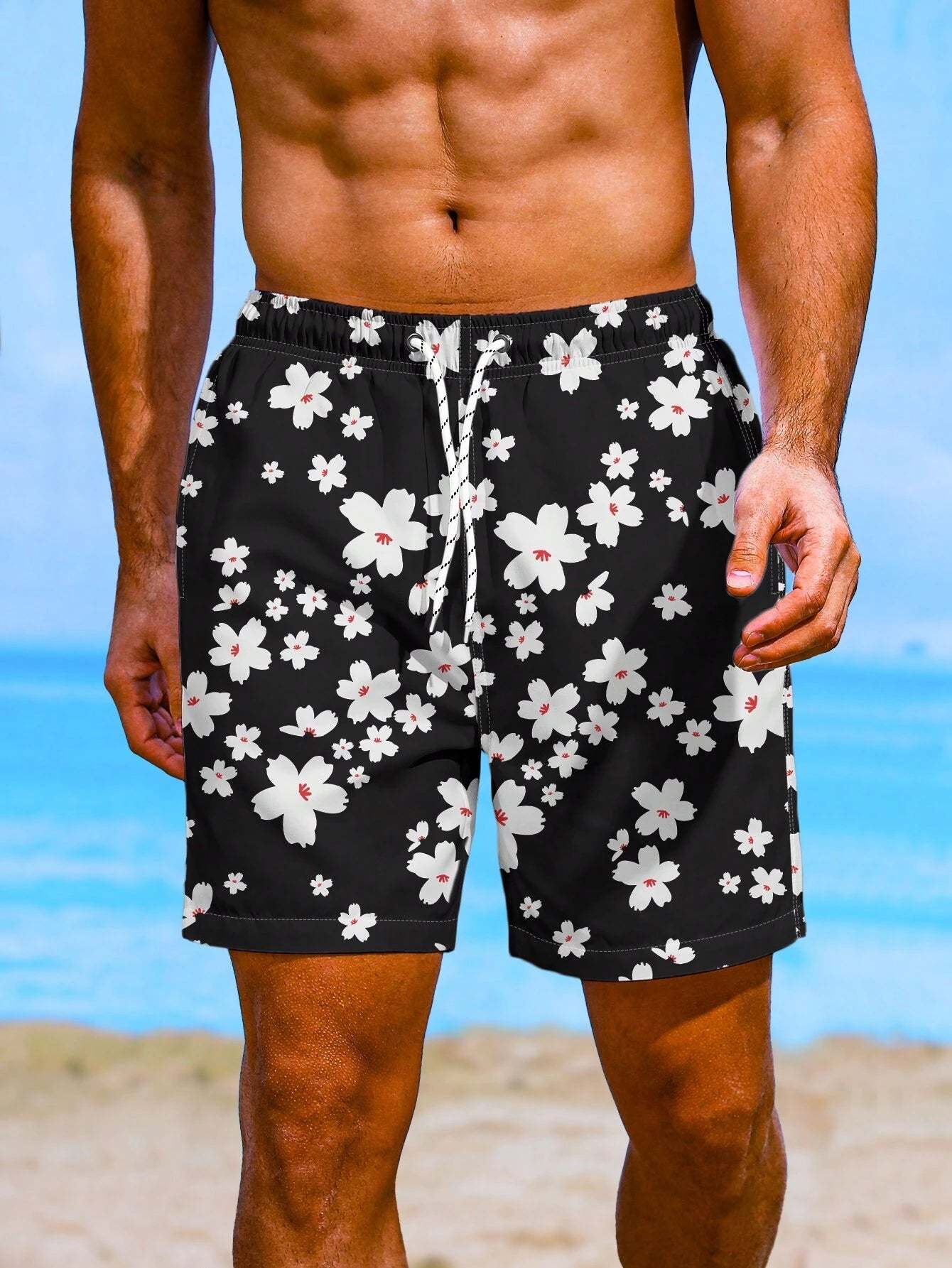 Floral Print Non Stretch Swim Trunks With Pocket-Waves And Trunks
