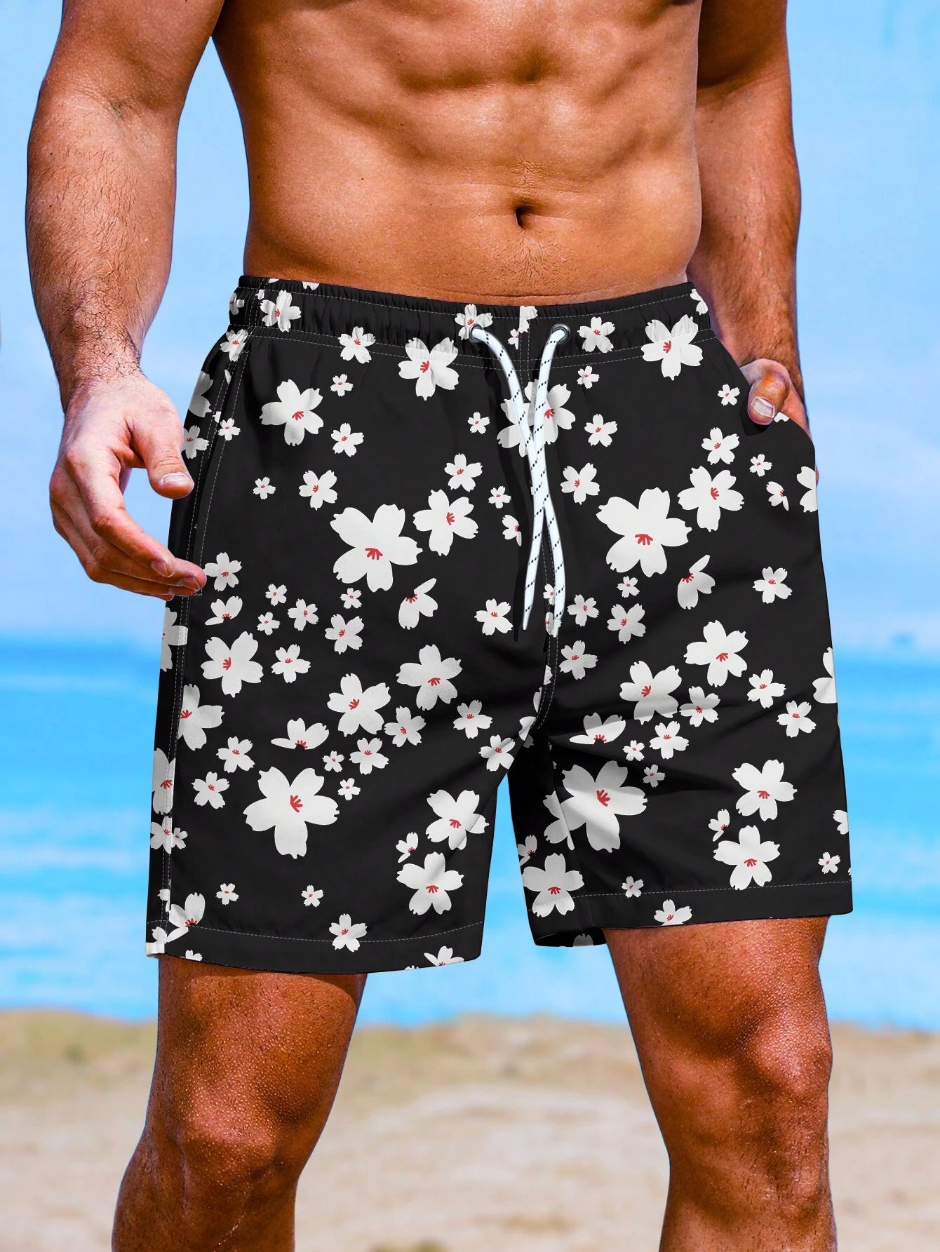 Floral Print Non Stretch Swim Trunks With Pocket-Waves And Trunks