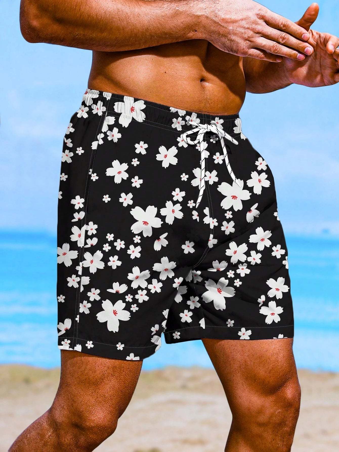 Floral Print Non Stretch Swim Trunks With Pocket-Waves And Trunks