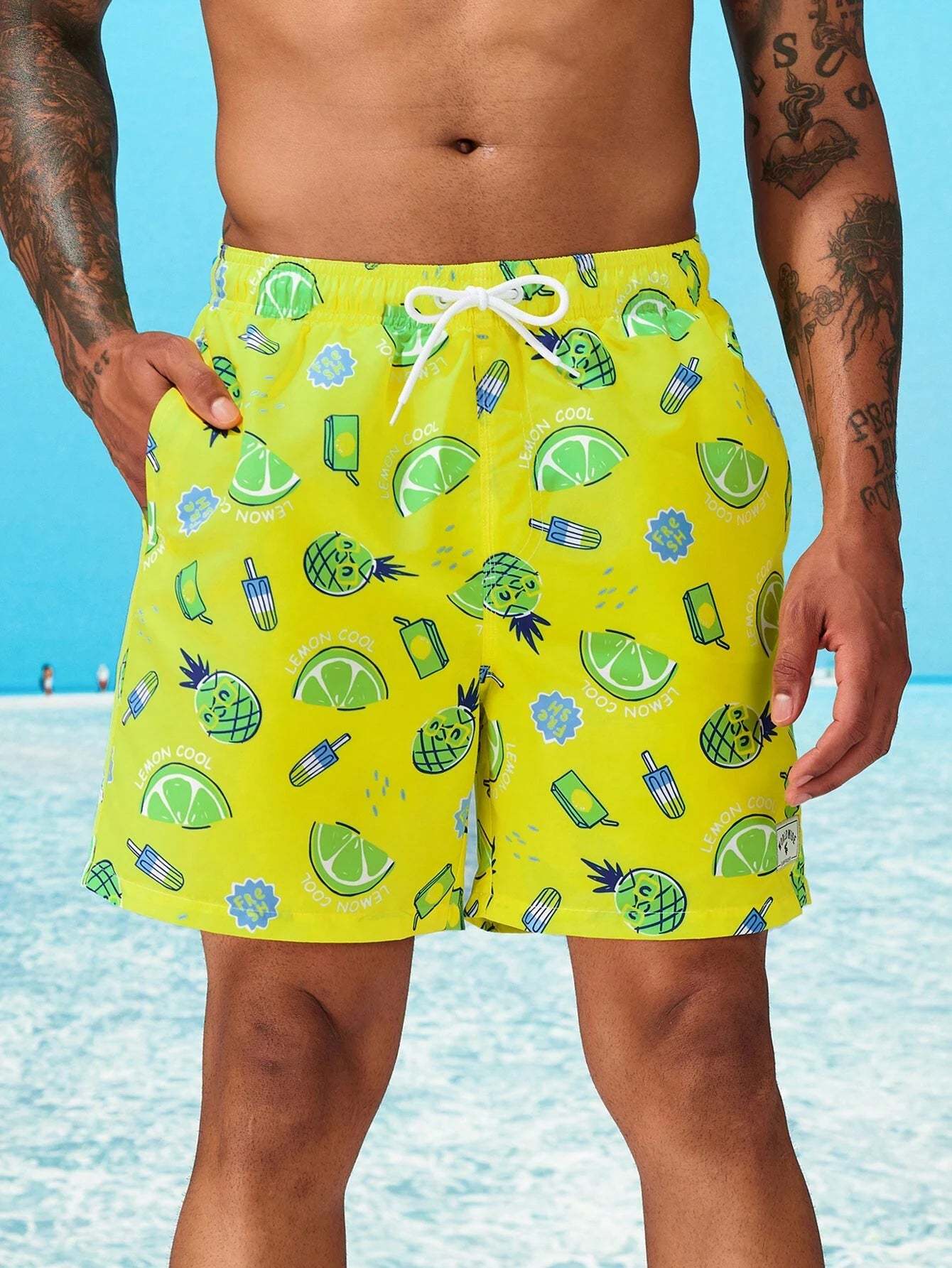 Fruit And Vegetable Print Drawstring Swim Trunks-Waves And Trunks
