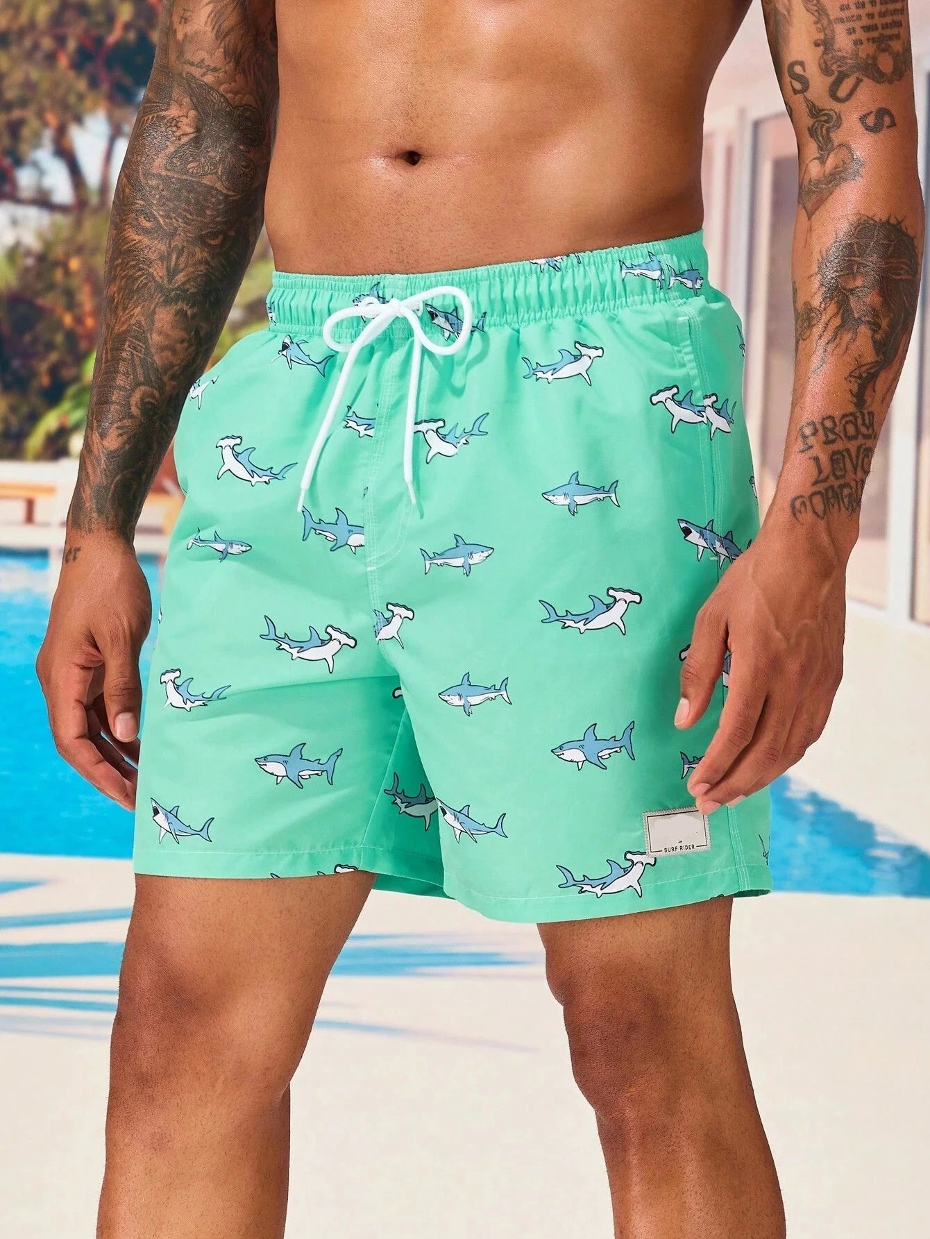 Shark Print Drawstring Waist Swim Trunks With Pocket-Waves And Trunks