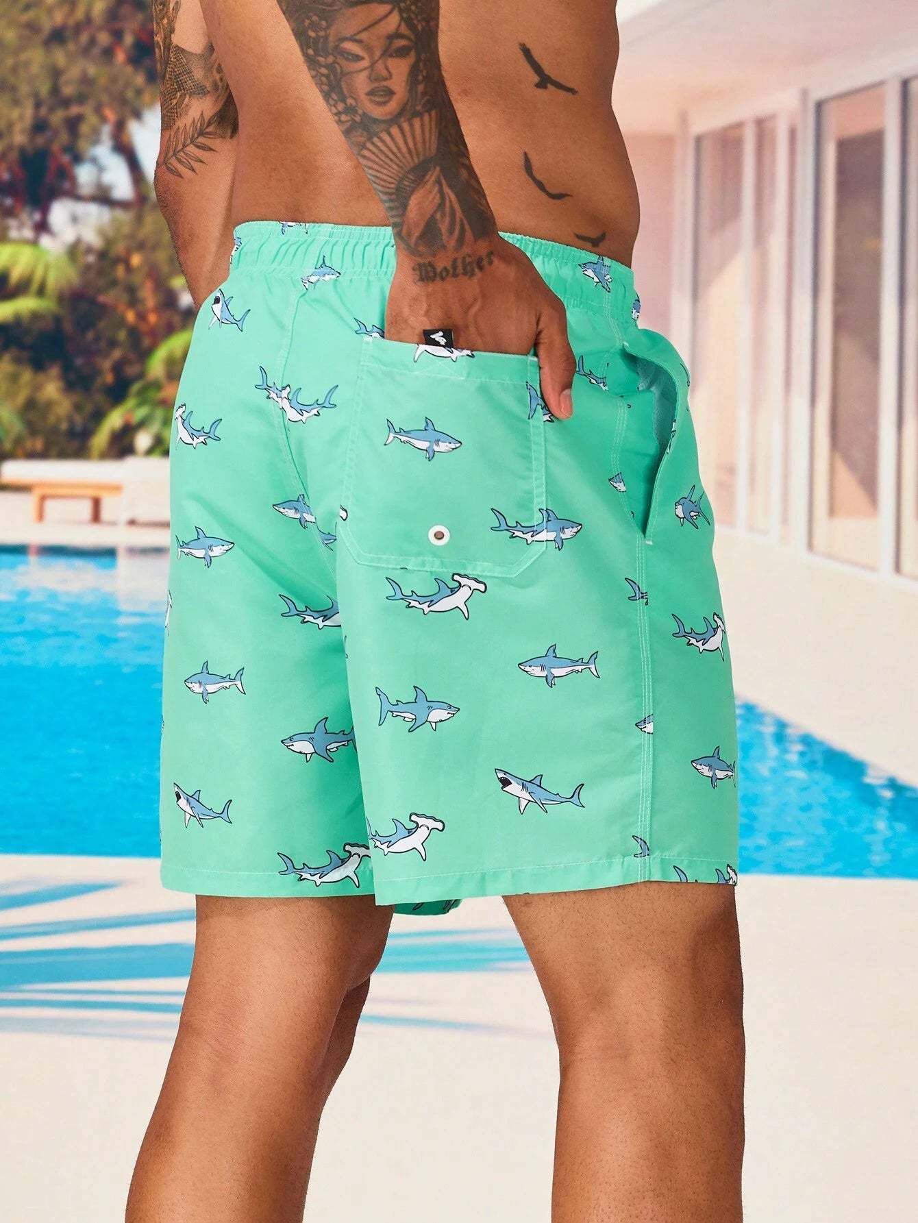 Shark Print Drawstring Waist Swim Trunks With Pocket-Waves And Trunks