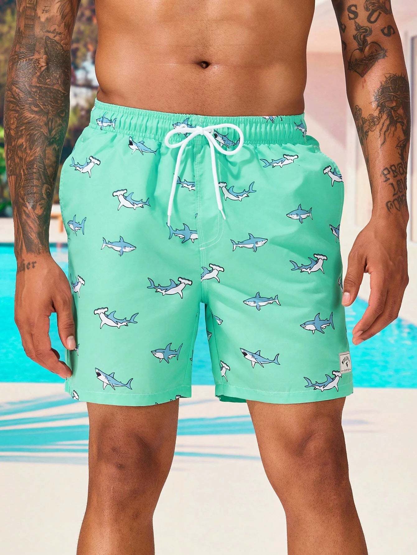Shark Print Drawstring Waist Swim Trunks With Pocket-Waves And Trunks