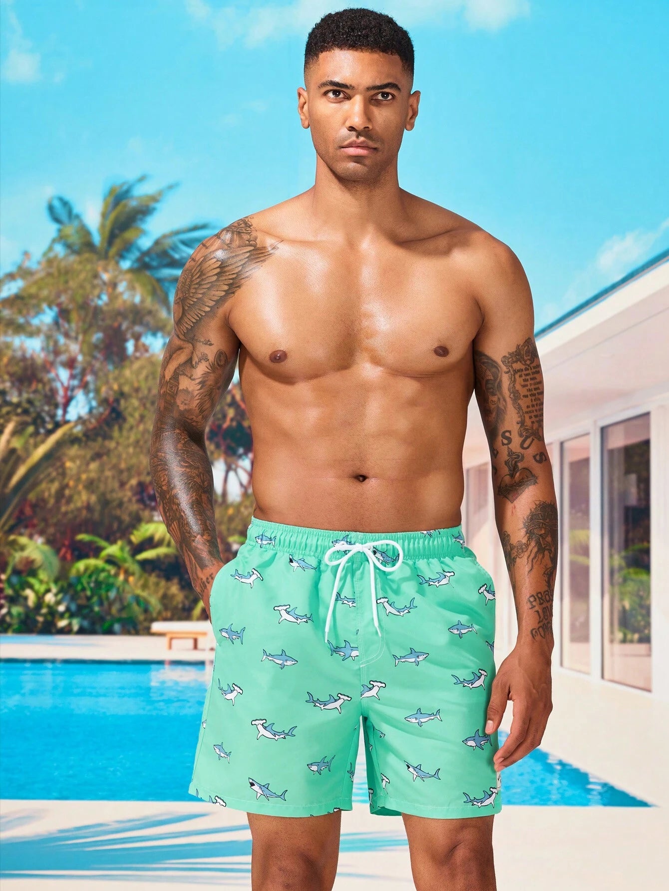 Shark Print Drawstring Waist Swim Shorts-Waves And Trunks