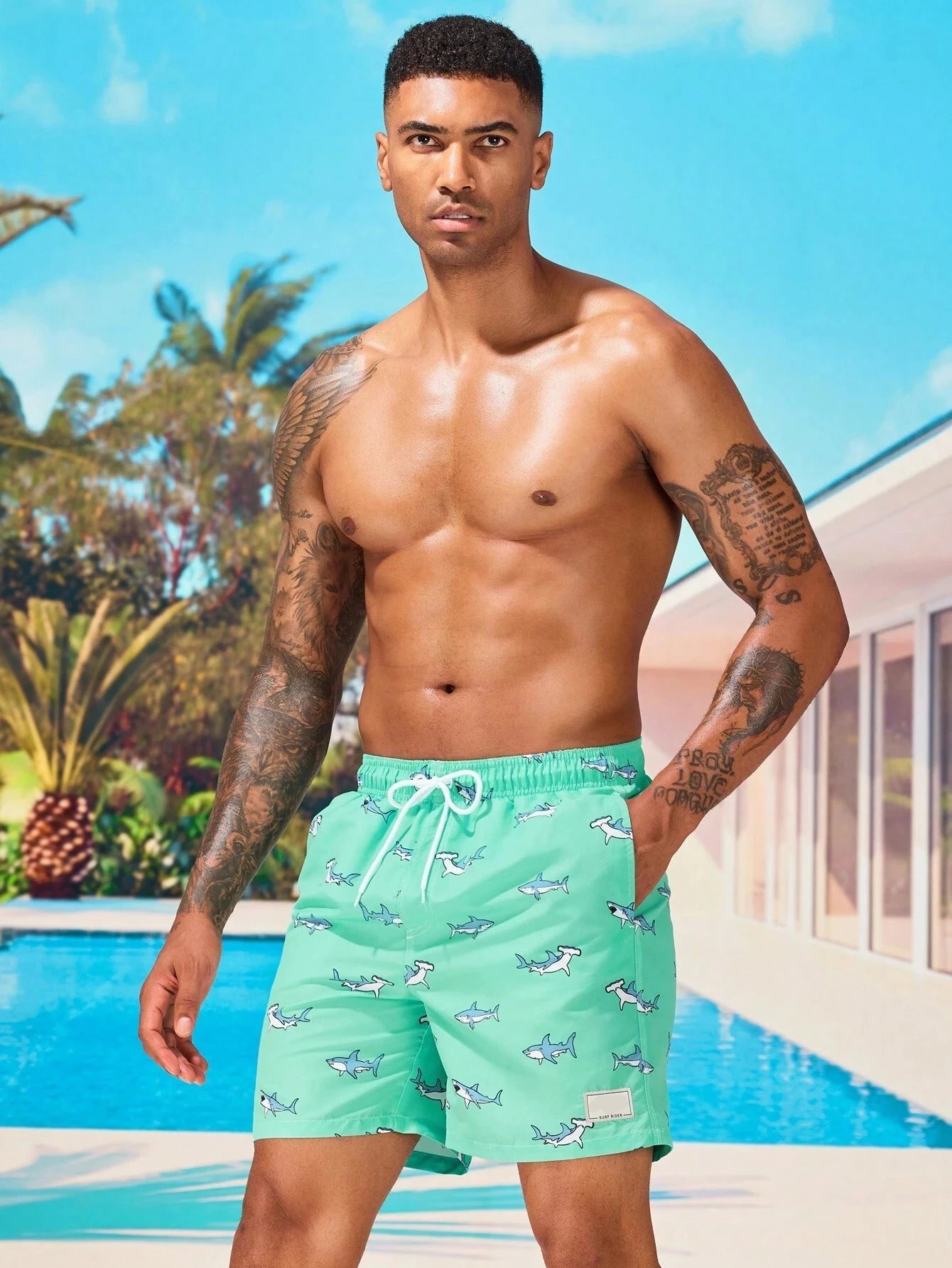 Shark Print Drawstring Waist Swim Trunks With Pocket-Waves And Trunks