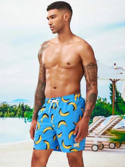 Banana Print Drawstring Waist Swim Trunks-Waves And Trunks
