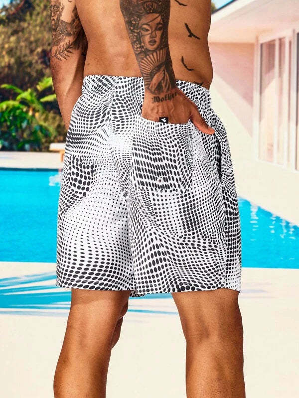 Allover Print Beach Shorts With Pocket-Waves And Trunks
