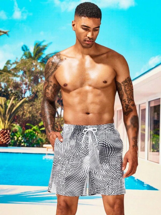 Allover Print Beach Shorts With Pocket-Waves And Trunks