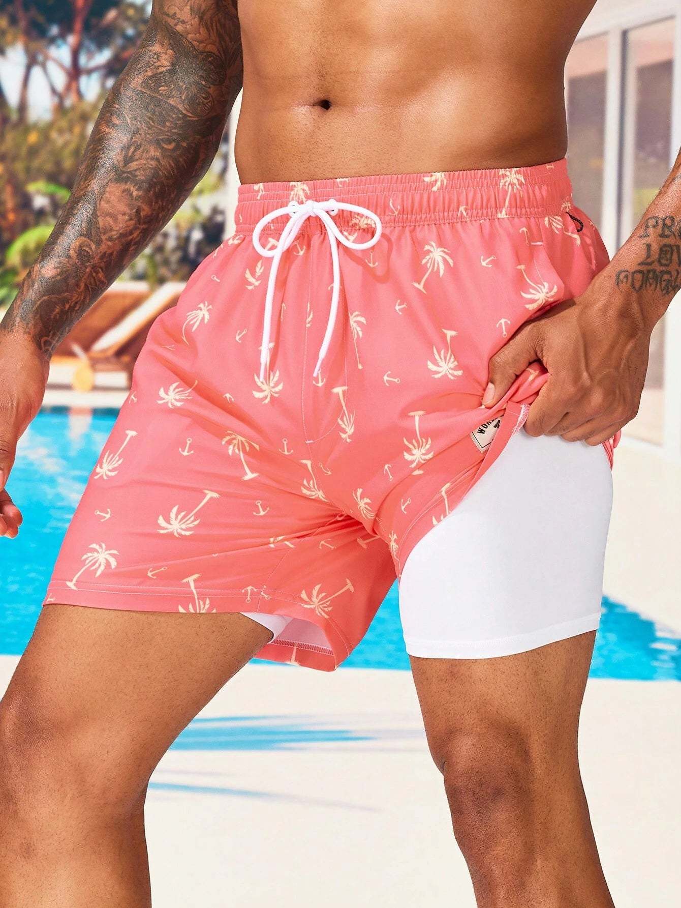Coconut Tree Print Drawstring Waist 2 In 1 Shorts-Waves And Trunks