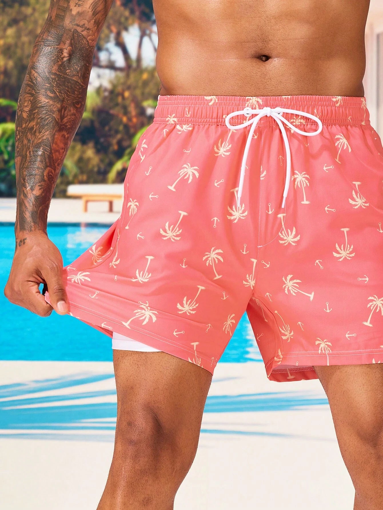 Coconut Tree Print Drawstring Waist 2 In 1 Shorts-Waves And Trunks