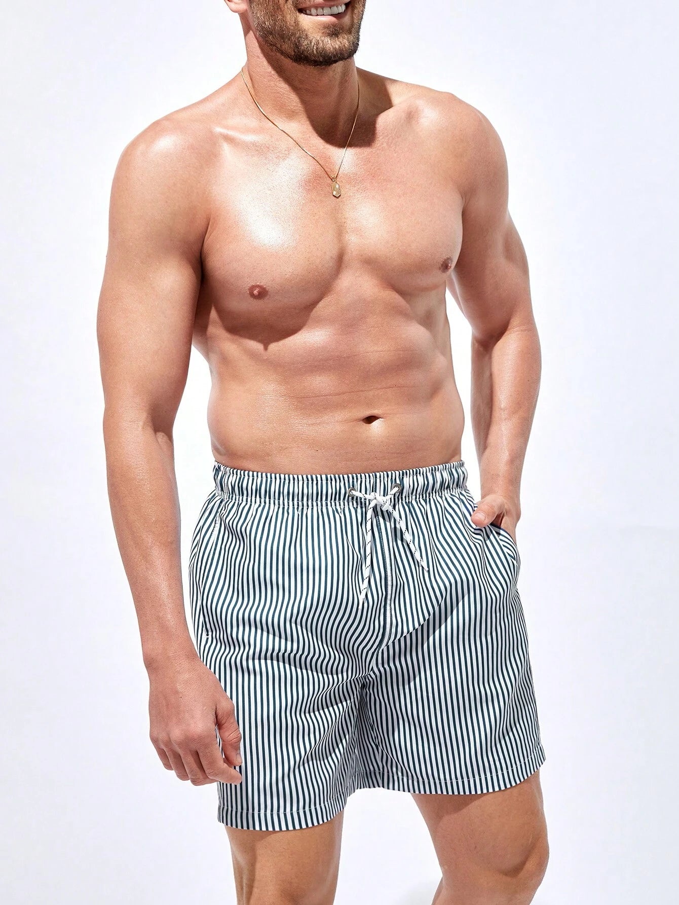Striped Drawstring Waist Swim Shorts-Waves And Trunks