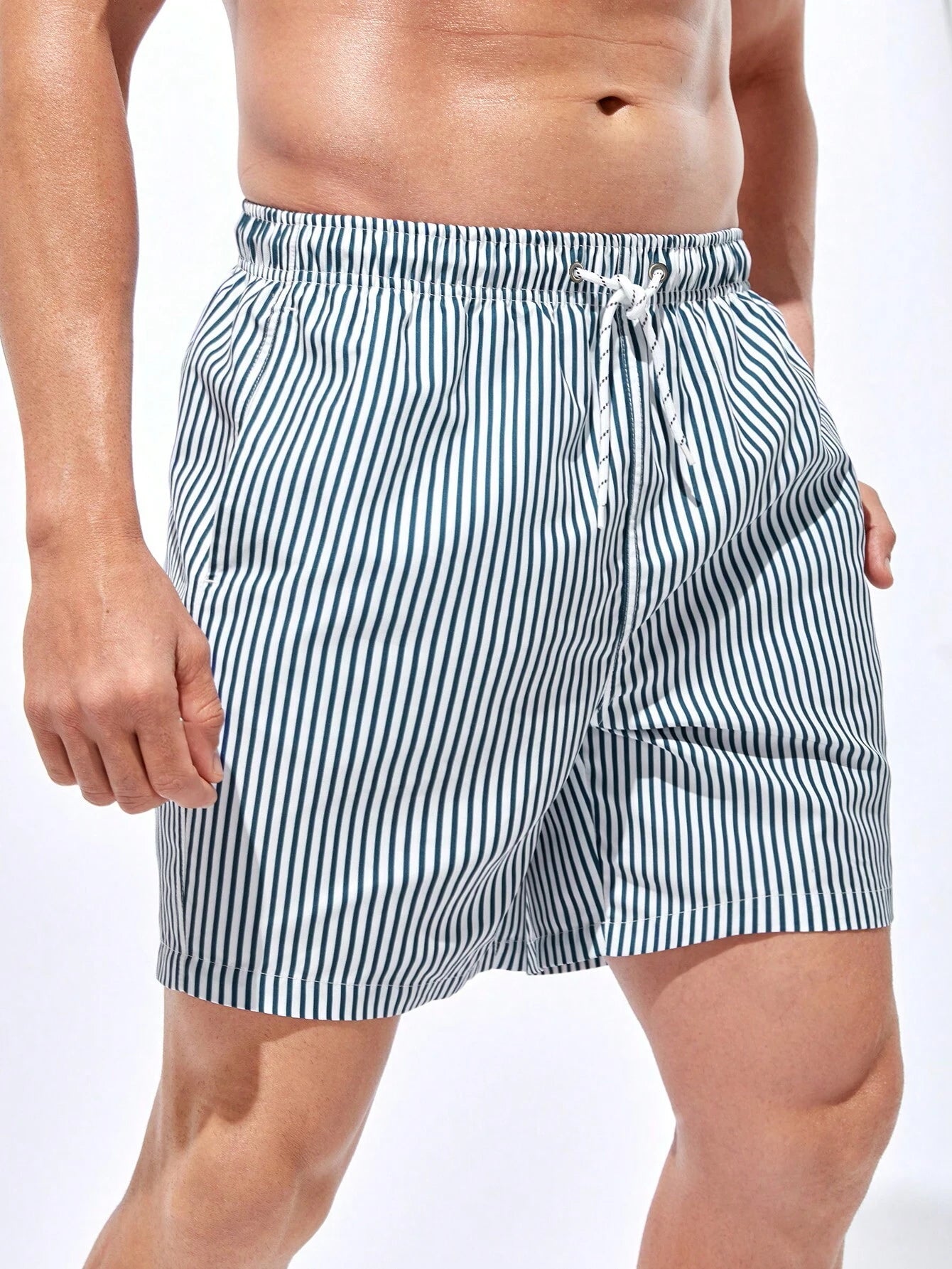 Striped Drawstring Waist Swim Shorts-Waves And Trunks
