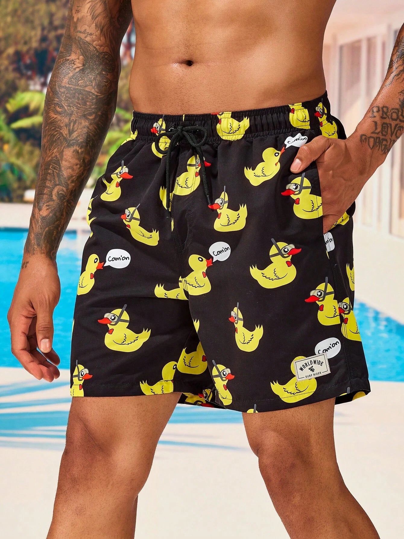 Duck And Letter Graphic Swim Trunks-Waves And Trunks